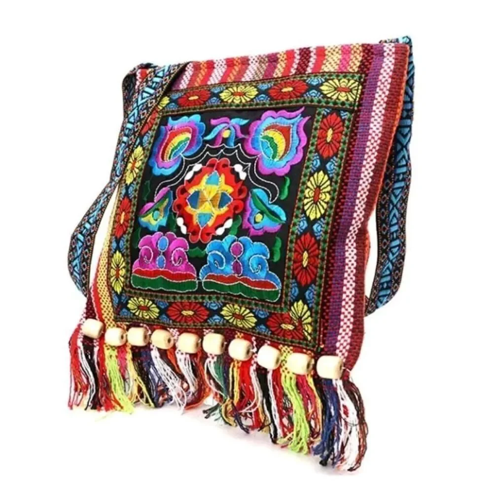 Gypsy Hobo Quilted Embroidered Color Block Tassel Messenger Crossbodty Bag Purse